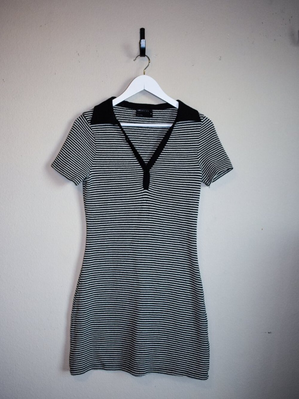 ASOS DESIGN Striped Knit Polo Mini Dress Black Cream Size M